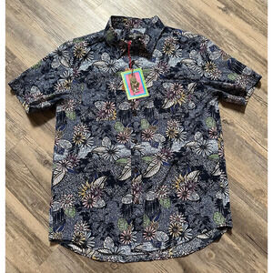 Houston White Adult Short Sleeve Journey Button-Down Shirt Navy Floral Tropical